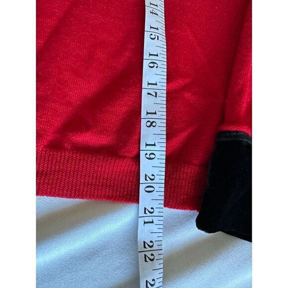 Vintage Valerie Stevens Red Sweater Cardigan Black Velvet Trim Merino Wool Sz M - Picture 10 of 11